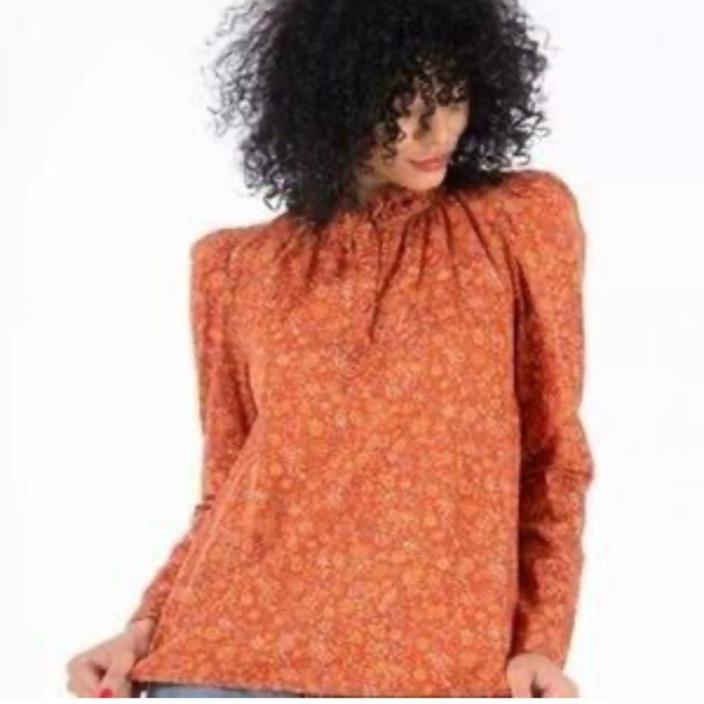 House of Harlow 1960 Floral Long Sleeve Ruffle Neck Blouse Wallis Rust Womens XL